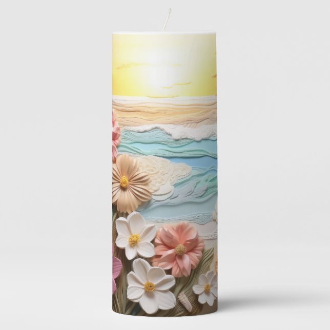 PRETTY PASTEL 3-D LOOK BEACH SCENE WITH FLOWERS PILLAR CANDLE (Front)