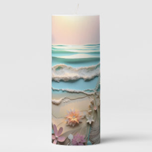 PRETTY PASTEL 3-D LOOK BEACH SCENE WITH FLOWERS PILLAR CANDLE
