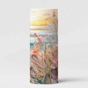 PRETTY PASTEL 3-D LOOK BEACH SCENE WITH FLOWERS PILLAR CANDLE