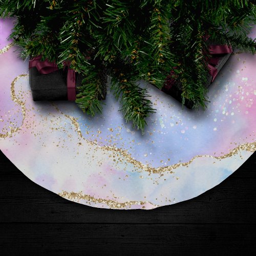 Pretty Pastel Agate  Gold Glitter Vein Watercolor Brushed Polyester Tree Skirt