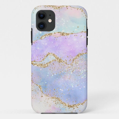 Pretty Pastel Agate  Gold Glitter Vein Watercolor iPhone 11 Case