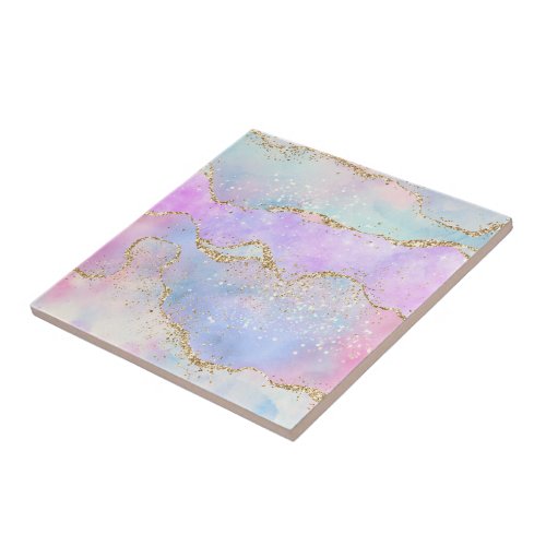 Pretty Pastel Agate  Gold Glitter Vein Watercolor Ceramic Tile