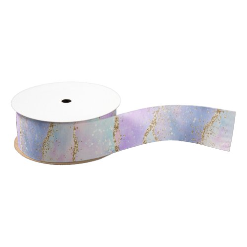 Pretty Pastel Agate  Gold Glitter Vein Watercolor Grosgrain Ribbon