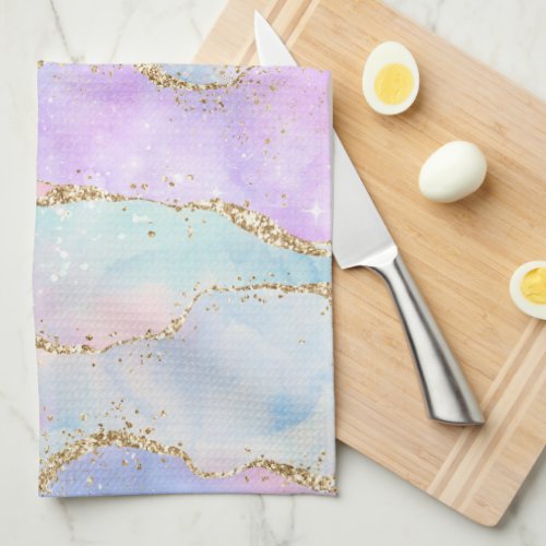 Pretty Pastel Agate  Gold Glitter Vein Watercolor Kitchen Towel