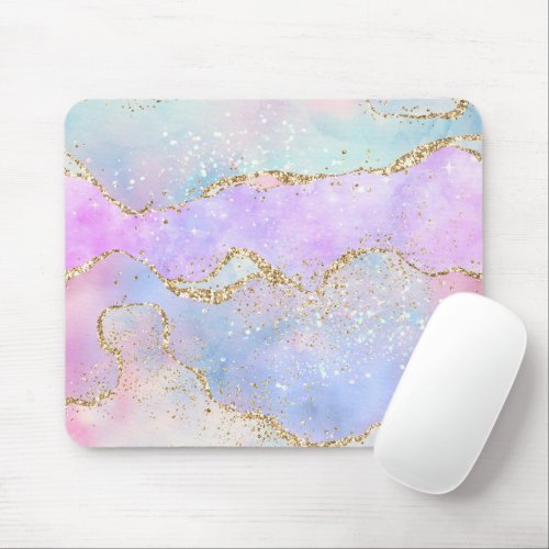 Pretty Pastel Agate  Gold Glitter Vein Watercolor Mouse Pad