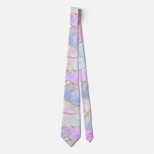 Pretty Pastel Agate  Gold Glitter Vein Watercolor Neck Tie