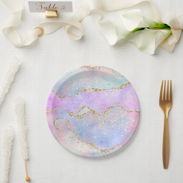 Pretty Pastel Agate | Gold Glitter Vein Watercolor Paper Plates (Wedding)