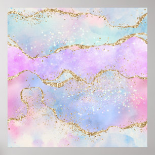 Pretty Pastel Agate Gold Glitter Vein Watercolor Poster