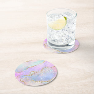 Pretty Pastel Agate Gold Glitter Vein Watercolor Round Paper Coaster