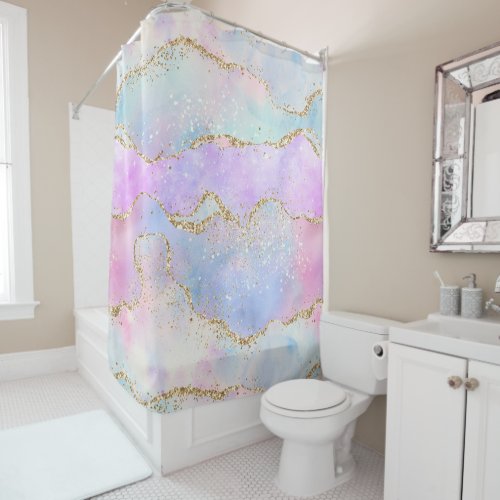 Pretty Pastel Agate  Gold Glitter Vein Watercolor Shower Curtain