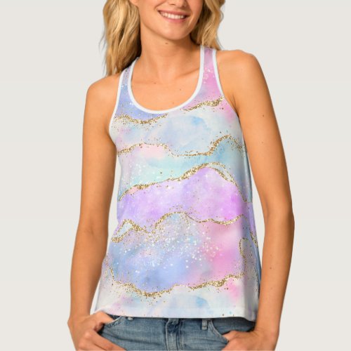 Pretty Pastel Agate  Gold Glitter Vein Watercolor Tank Top