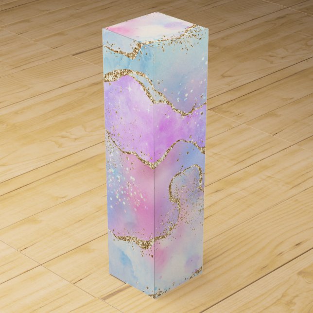 Pretty Pastel Agate | Gold Glitter Vein Watercolor Wine Box (Back)