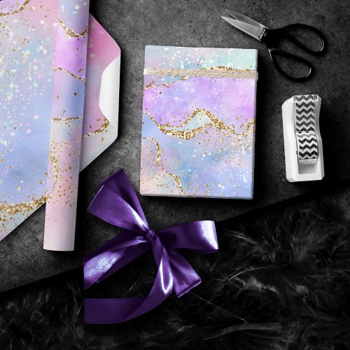 Pretty Pastel Agate  Gold Glitter Vein Watercolor Wrapping Paper