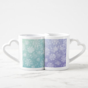 PRETTY PASTEL AQUA & PURPLE WITH WHITE SNOWFLAKES COFFEE MUG SET