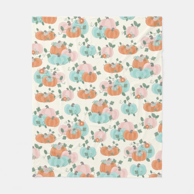 Pretty Pastel Autumn Floral Pumpkin Pattern Fleece Blanket (Front)