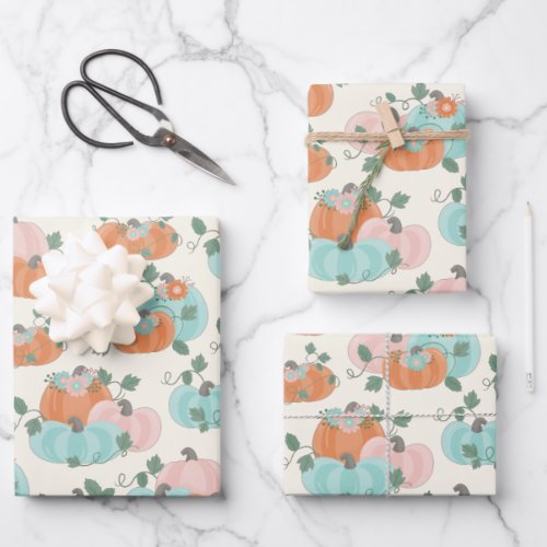 Pretty Pastel Autumn Floral Pumpkin Pattern  Wrapping Paper Sheets