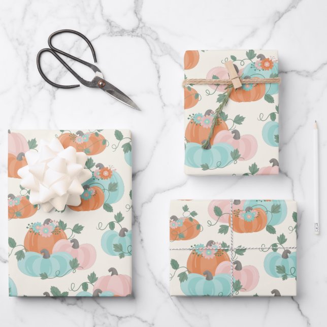 Pretty Pastel Autumn Floral Pumpkin Pattern  Wrapping Paper Sheets (Front)