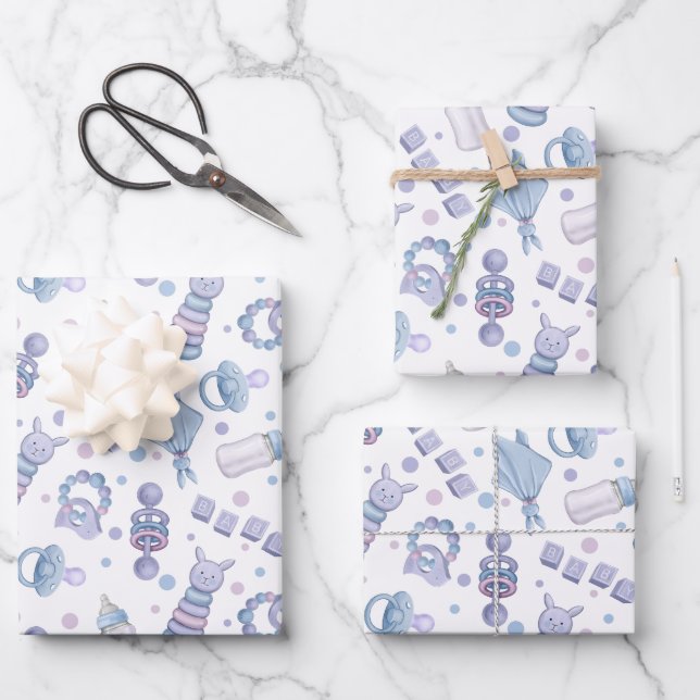 Pretty Pastel Blue Baby Boy Wrapping Paper Sheets (Front)