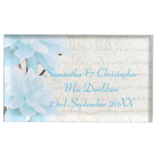 Pretty pastel blue floral flower blossom wedding table card holder
