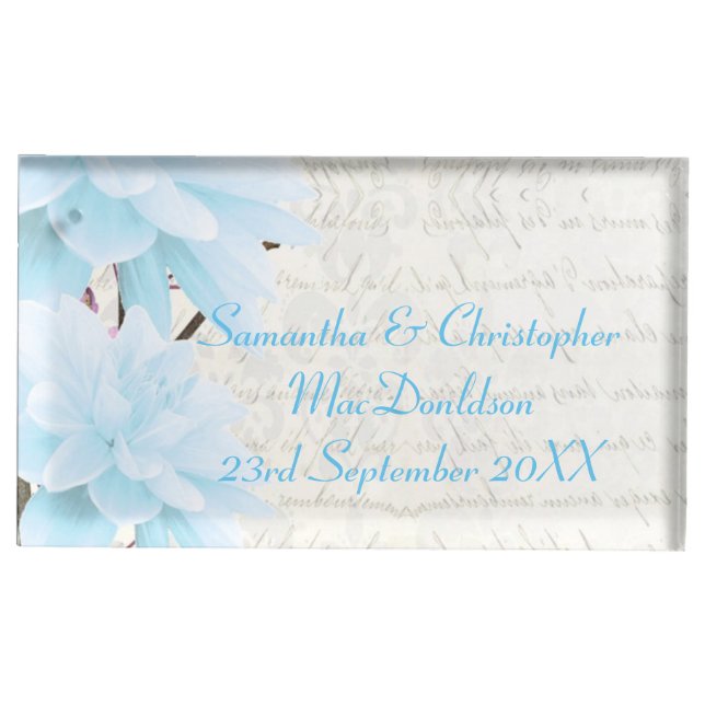 Pretty pastel blue floral flower blossom wedding table card holder (Front)