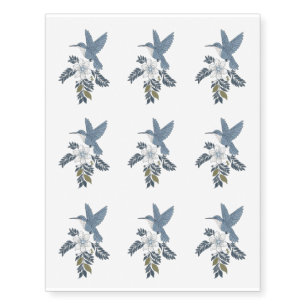 Pretty Pastel Blue Floral Hummingbird Realistic Temporary Tattoos