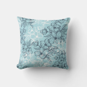Pretty Pastel Blue Floral Line Drawing Pattern Throw Pillow