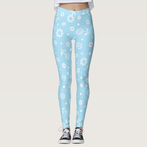 Pretty Pastel Blue Floral Pattern Leggings