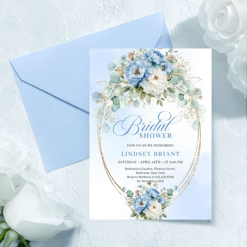 Pretty Pastel Blue Peony Gold Bridal Shower Invite
