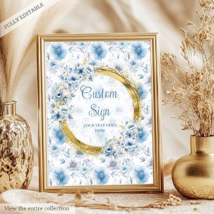 Pretty pastel blue watercolor flowers gold custom poster