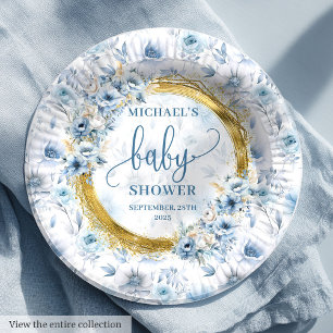 Pretty pastel blue watercolor flowers gold shower paper plates