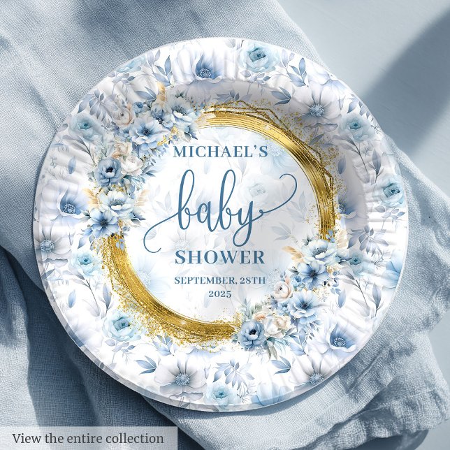 Pretty pastel blue watercolor flowers gold shower  paper plates (Pretty pastel blue watercolor flowers gold shower Paper Plates )