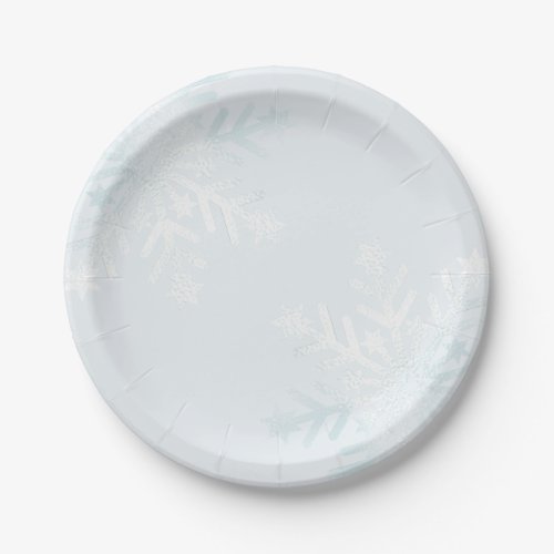 Pretty Pastel Blue Winter Quince Snowflakes Paper Plates