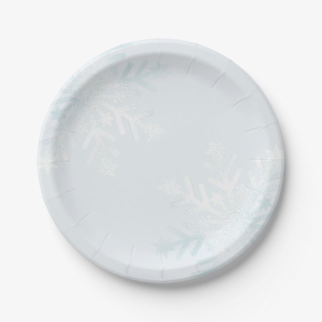 Pretty Pastel Blue Winter Quince Snowflakes Paper Plates (Front)