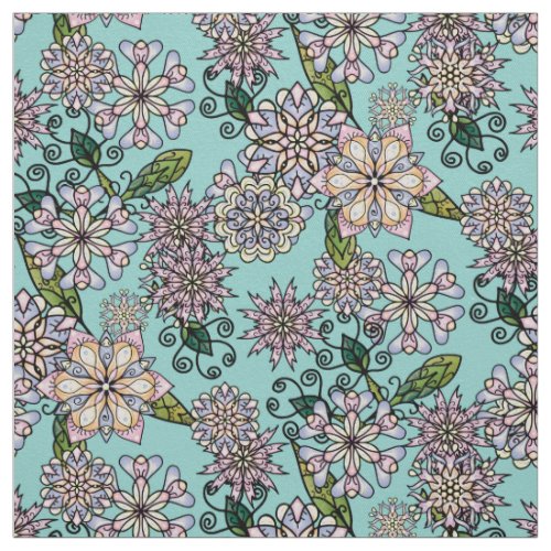 Pretty Pastel Boho Blossoms  Curlicues Pattern Fabric