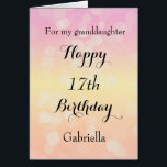 Pretty Pastel Bokeh 17th Birthday Cards<br><div class="desc">A pastel bokeh in pink, yellow and orange 17th birthday card for granddaughter, goddaughter, daughter, etc. This pretty 17th birthday card can be easily personalized on the front with her name. The inside card message can also be edited. This would make a great personalized birthday card keepsake for her seventeenth...</div>