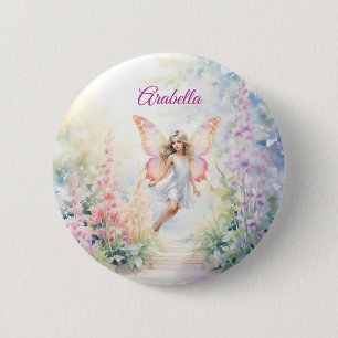 Pretty Pastel Butterfly Fairy in Flower Garden Button