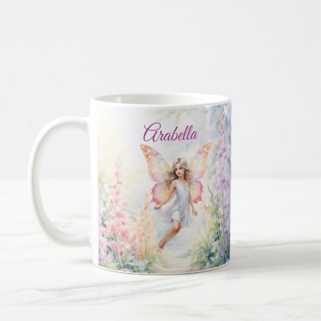 Pretty Pastel Butterfly Fairy in Flower Garden Coffee Mug (Left)