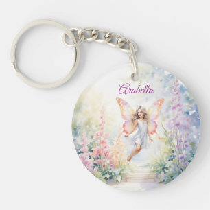 Pretty Pastel Butterfly Fairy in Flower Garden Keychain