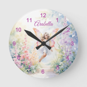 Pretty Pastel Butterfly Fairy in Flower Garden Round Clock