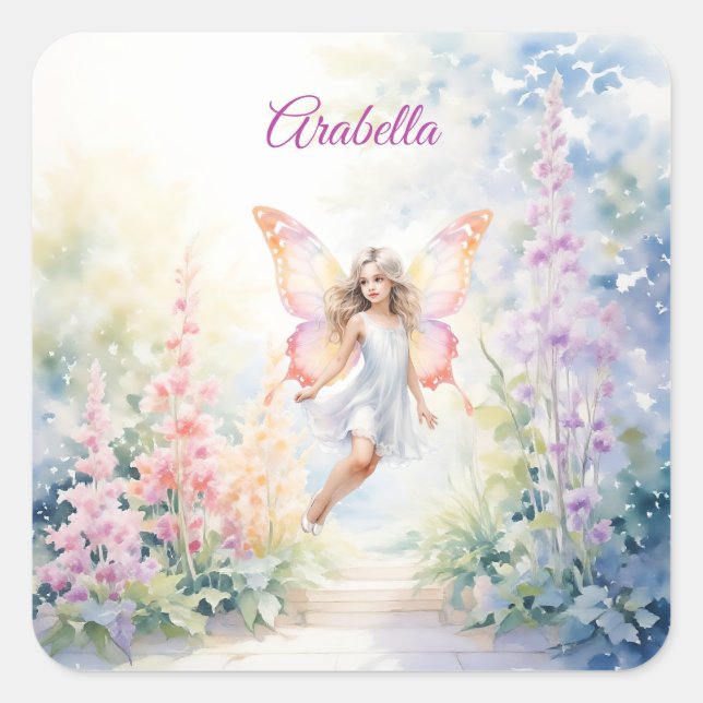 Pretty Pastel Butterfly Fairy in Flower Garden Square Sticker (Front)