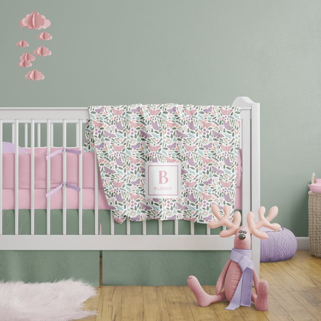 Pretty Pastel Butterfly Garden Monogram Name Baby Blanket (Creator Uploaded)