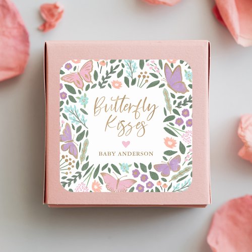 Pretty Pastel Butterfly Kisses Baby Shower Square Sticker