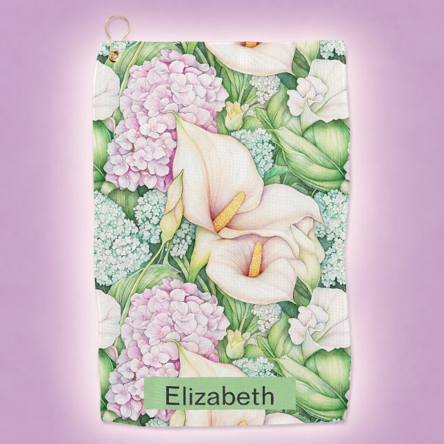 Pretty Pastel Calla Lily Personalized Golf Towel (Pretty pastel calla lily flowers personalized golf towel for women)