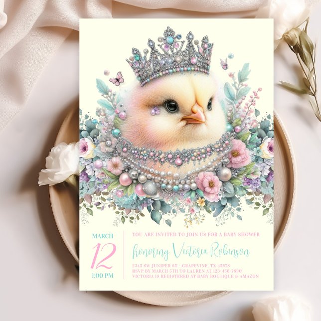 Pretty Pastel Chick Baby Shower Invitation (Beautiful chick with jewels and crown on a pretty floral background. )