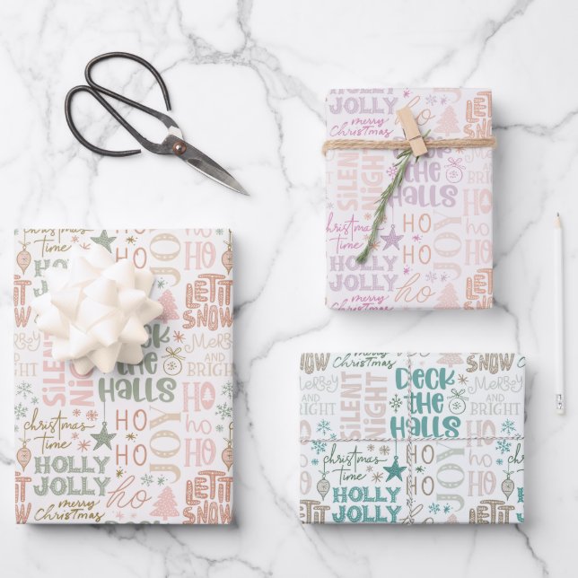 Pretty Pastel Christmas Word Art Christmas Wrapping Paper Sheets (Front)