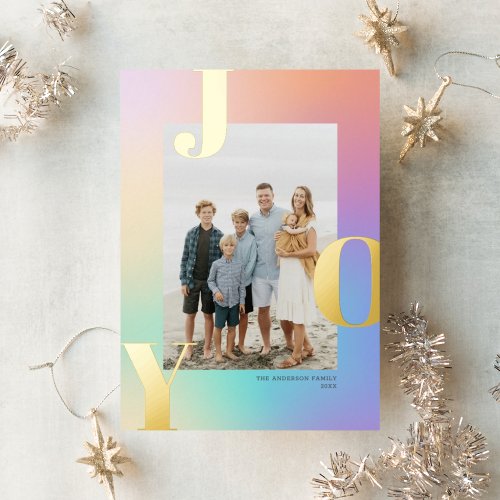 Pretty Pastel Color Gradient JOY Christmas Photo Foil Holiday Card