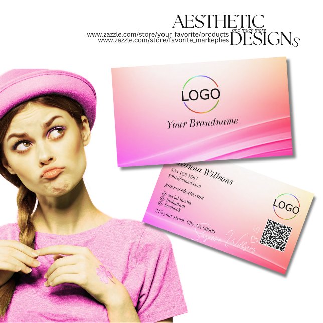 Pretty Pastel Colorful Curved Decor Logo QR Code Business Card (Creator Uploaded)
