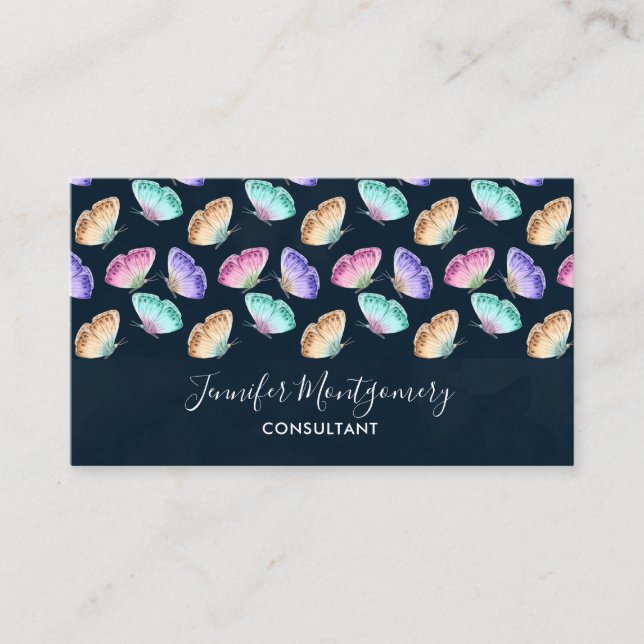 Pretty Pastel Colors Watercolor Butterfly Pattern Business Card (Front)