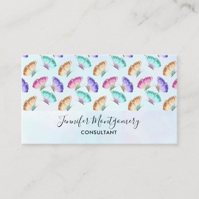 Pretty Pastel Colors Watercolor Butterfly Pattern Business Card (Front)