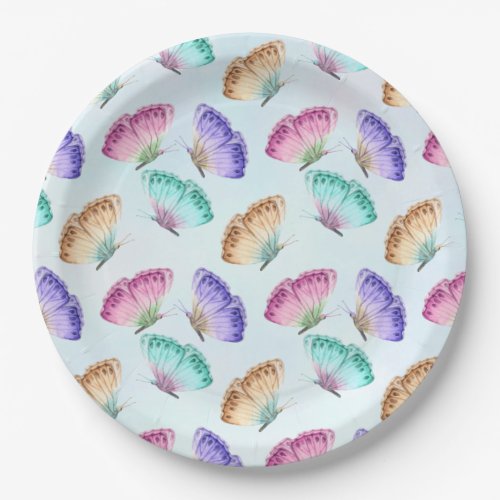Pretty Pastel Colors Watercolor Butterfly Pattern Paper Plates